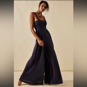 Free People Beach Smocked Wide Leg Linen Blend Jumpsuit Black S Resort Vacation